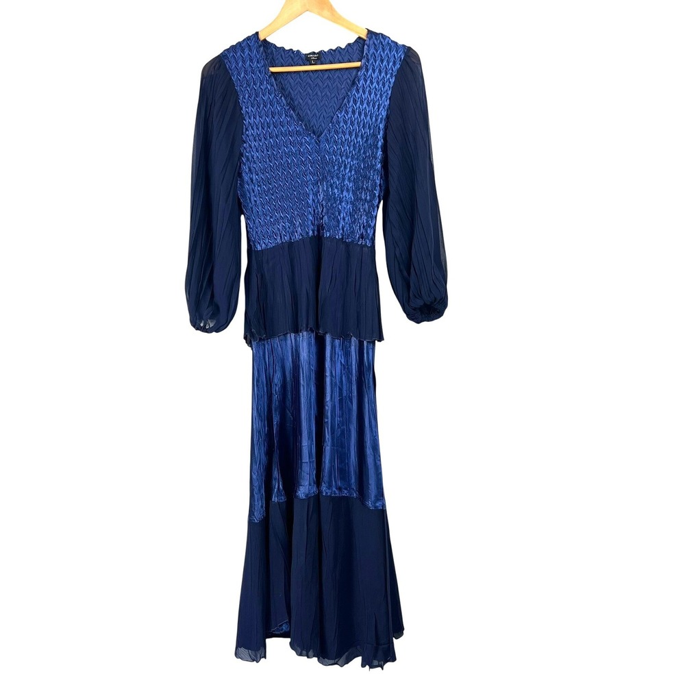 Komarov Blue Crinkle Pleated Maxi Dress V-Neck Long Sheer Sleeve Womens L Formal